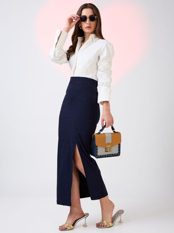 Globus Women Navy High Rise Side Slit Bling Effect Maxi Pencil Party Skirt
