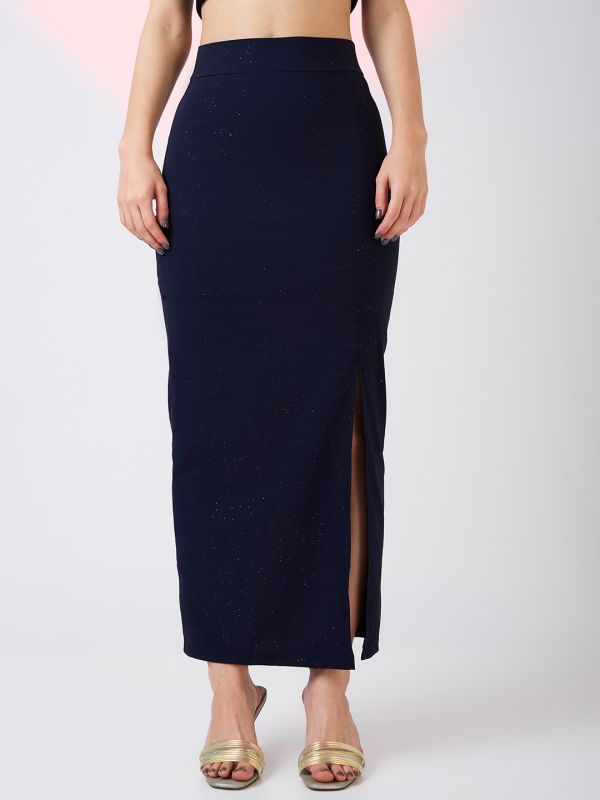 Globus Women Navy High Rise Side Slit Bling Effect Maxi Pencil Party Skirt