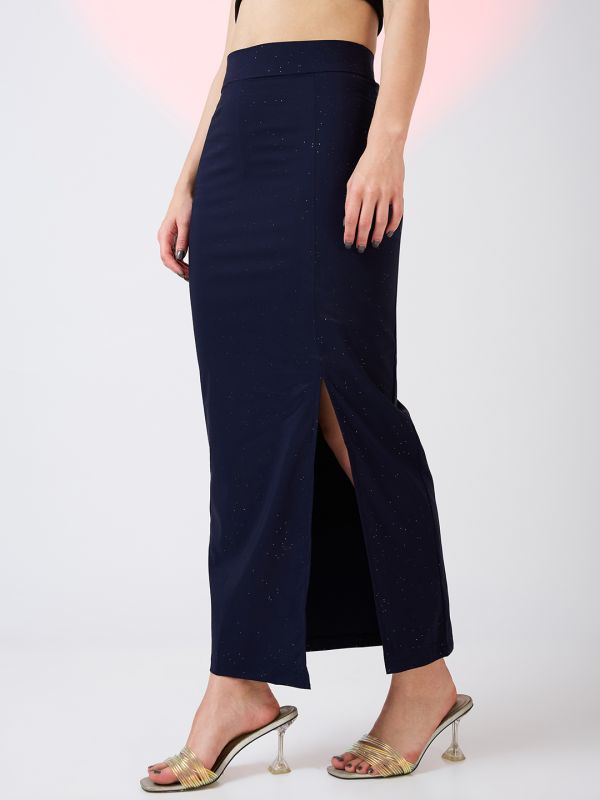 Globus Women Navy High Rise Side Slit Bling Effect Maxi Pencil Party Skirt