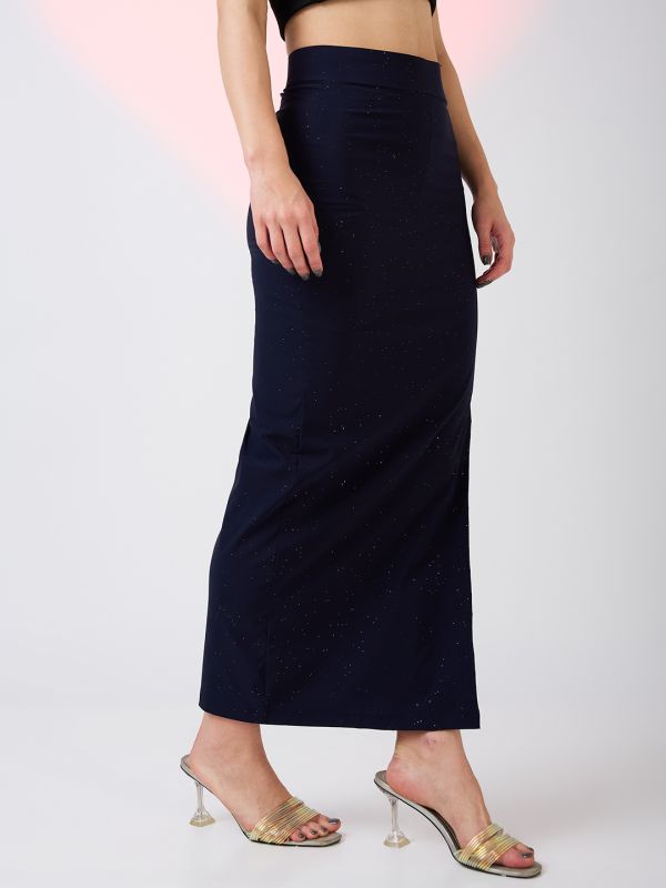 Globus Women Navy High Rise Side Slit Bling Effect Maxi Pencil Party Skirt