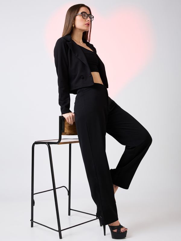 Globus Women Black Mid Rise Relaxed Fit Adjustable Hem Workwear Korean Pants