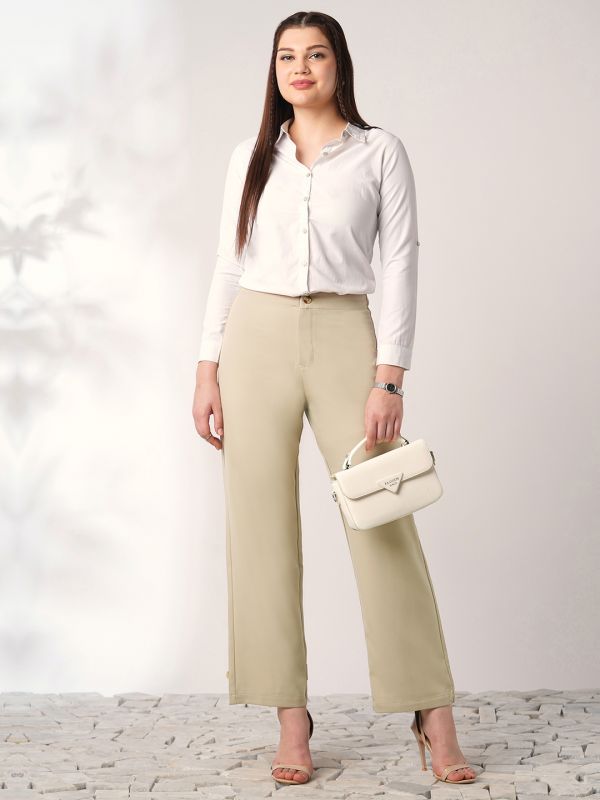 Globus Women Light Beige Mid Rise Straight Fit Adjustable Button Hem Korean Pants