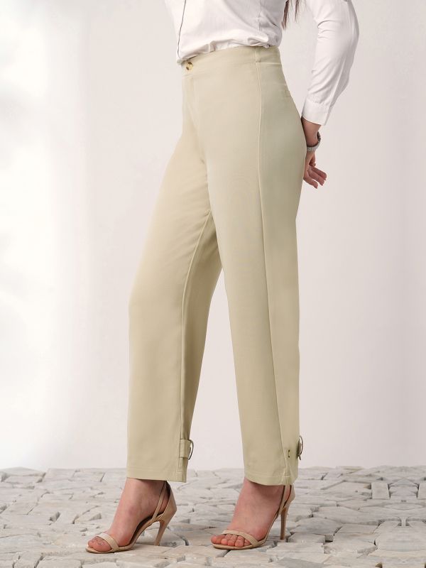 Globus Women Light Beige Mid Rise Straight Fit Adjustable Button Hem Korean Pants