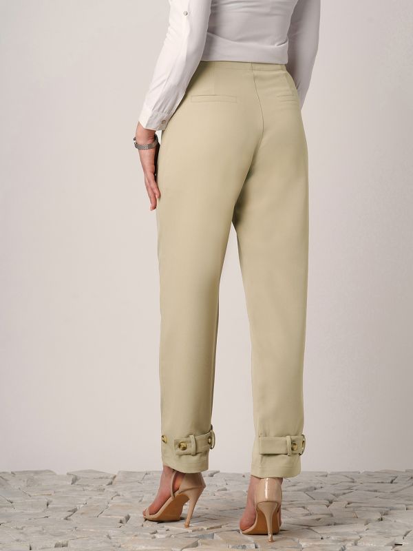 Globus Women Light Beige Mid Rise Straight Fit Adjustable Button Hem Korean Pants