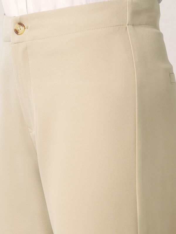 Globus Women Light Beige Mid Rise Straight Fit Adjustable Button Hem Korean Pants