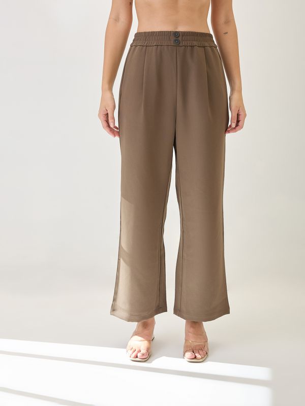 Globus Women Olive Solid Relaxed Fit Mid Rise Elasticated Waist Korean Pant