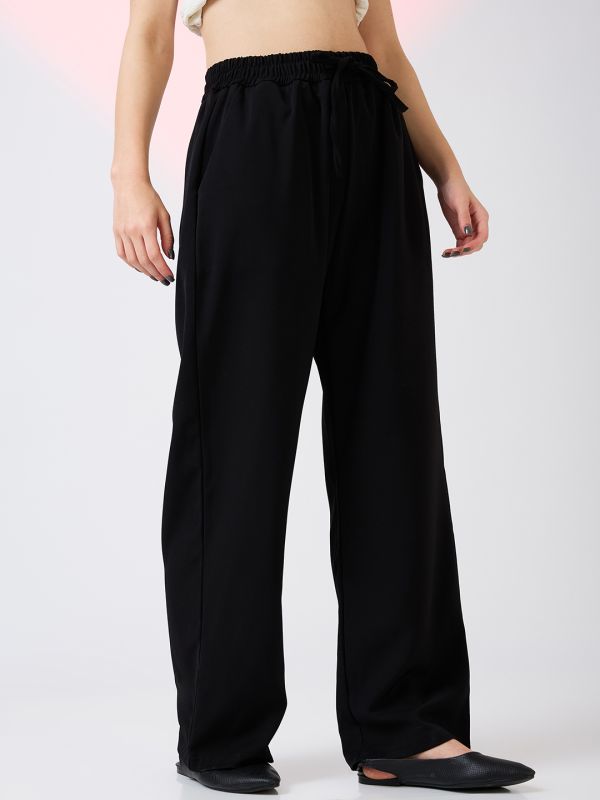 Globus Women Black Mid Rise Drawstring Waist Workwear Korean Pants