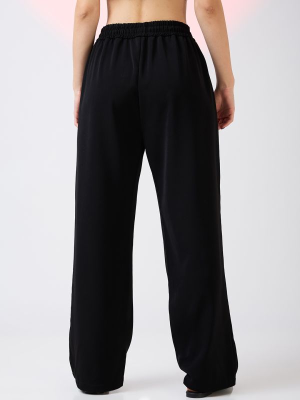 Globus Women Black Mid Rise Drawstring Waist Workwear Korean Pants