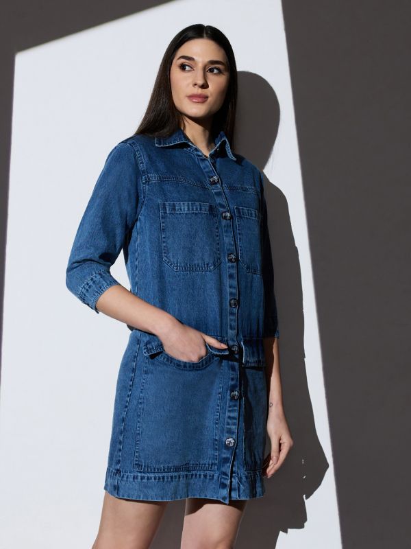 Globus Women Med Blue Collared Neck Cuffed Sleeves Front Utility Pockets Mini Denim Shirt Dress