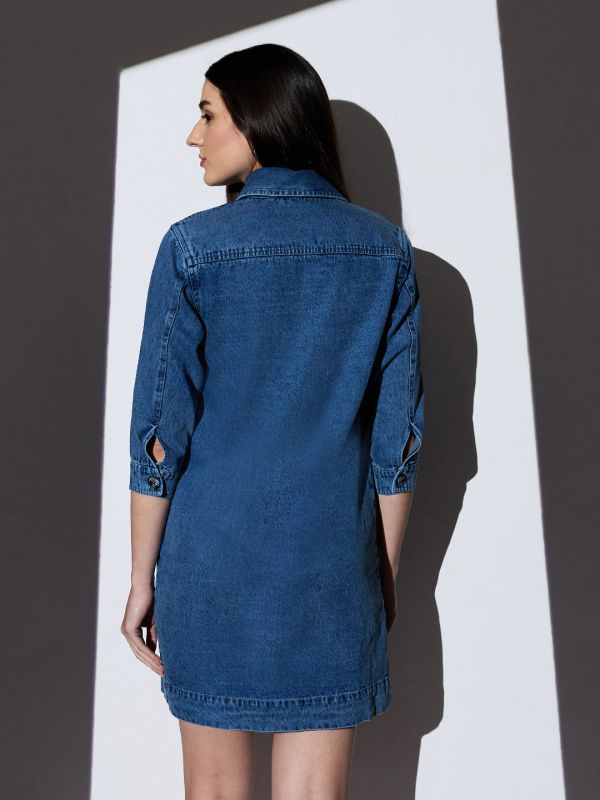 Globus Women Med Blue Collared Neck Cuffed Sleeves Front Utility Pockets Mini Denim Shirt Dress
