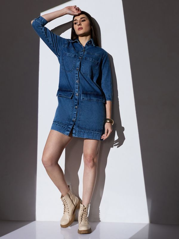 Globus Women Med Blue Collared Neck Cuffed Sleeves Front Utility Pockets Mini Denim Shirt Dress