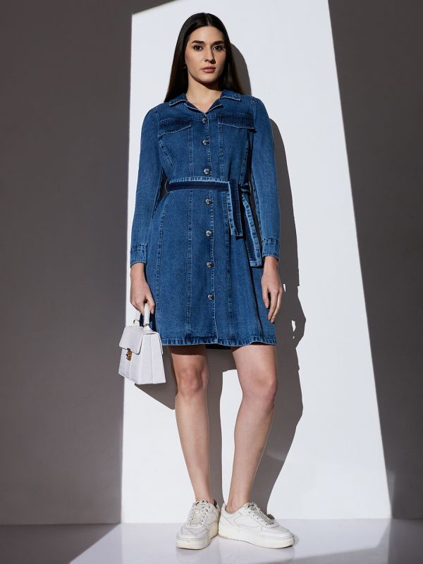 Globus Women Med Blue Cuban Collar Cuffed Sleeves Pocket Detail Mini Denim A-Line Shirt Dress With Belt
