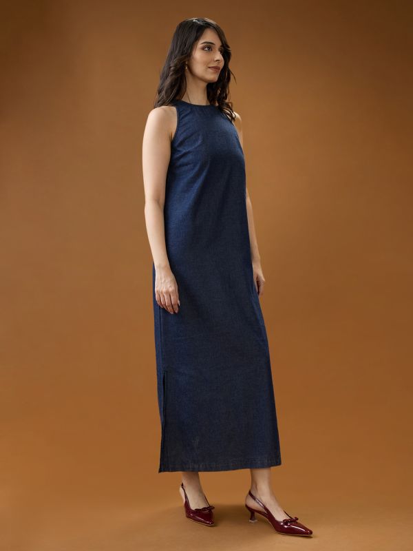 Globus Women Dark Blue Round Neck Sleeveless Solid A-Line Maxi Dress