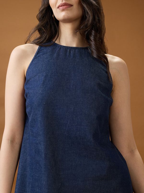 Globus Women Dark Blue Round Neck Sleeveless Solid A-Line Maxi Dress