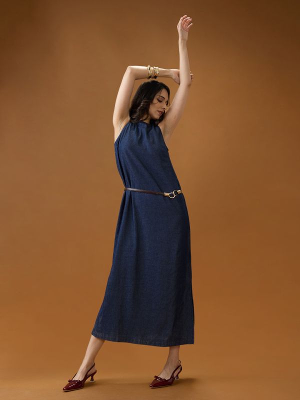 Globus Women Dark Blue Round Neck Sleeveless Solid A-Line Maxi Dress