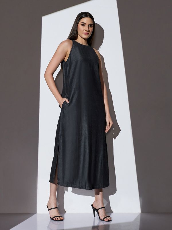 Globus Women Black Round Neck Sleeveless Solid Side Slit Midi A-Line Denim Dress