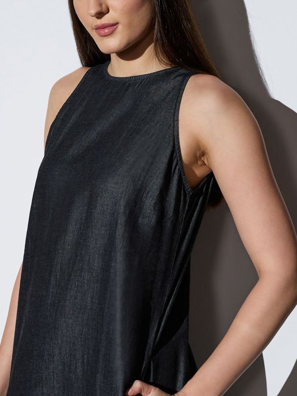 Globus Women Black Round Neck Sleeveless Solid Side Slit Midi A-Line Denim Dress