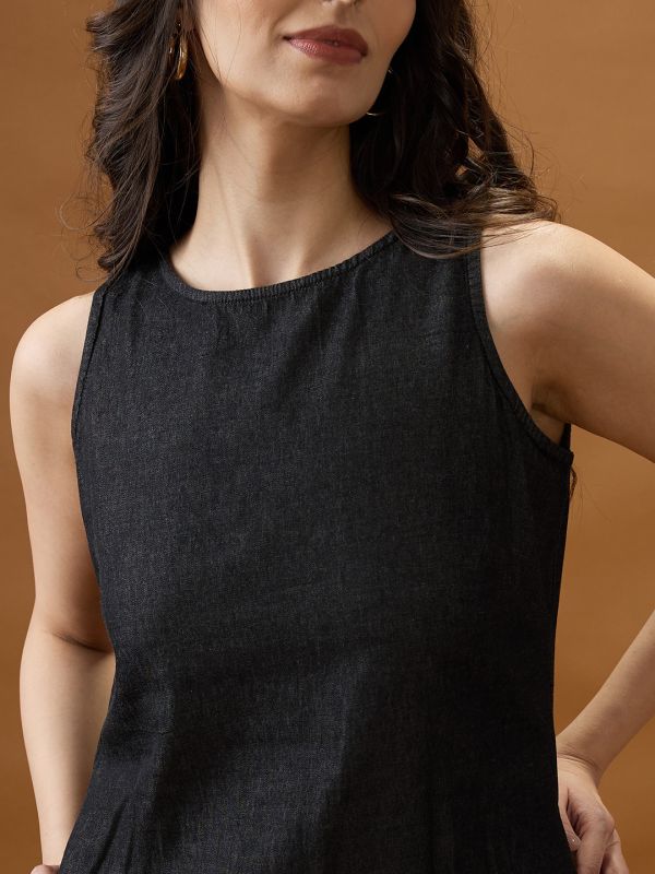 Globus Women Black Round Neck Sleeveless Solid Knee Length A-Line Dress