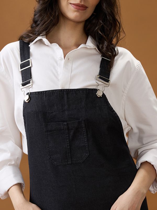 Globus Women Black Square Neck Strappy Shoulder Solid Pocket Detail Above Knee Dungaree Dress
