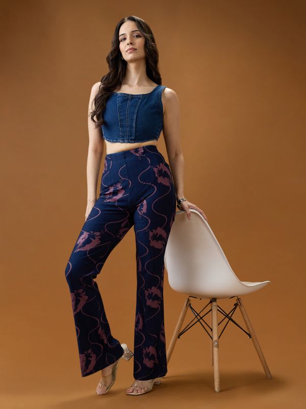 Globus Women Dark Blue Abstract Print Mid Rise Stretchable Bootcut Denim Trousers