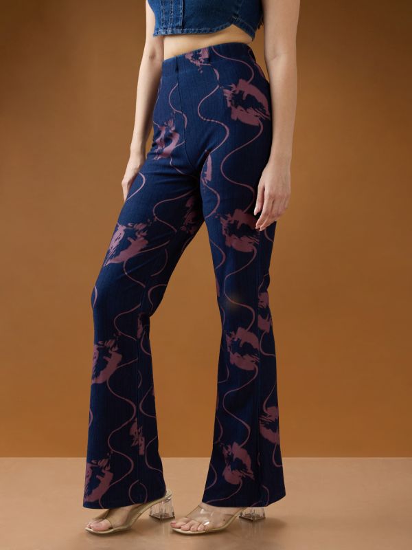 Globus Women Dark Blue Abstract Print Mid Rise Stretchable Bootcut Denim Trousers