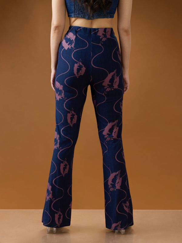 Globus Women Dark Blue Abstract Print Mid Rise Stretchable Bootcut Denim Trousers