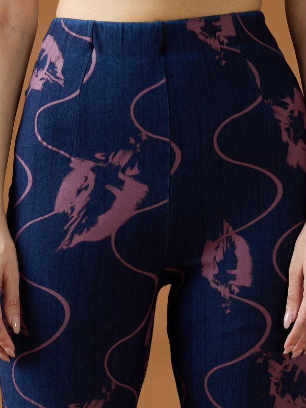 Globus Women Dark Blue Abstract Print Mid Rise Stretchable Bootcut Denim Trousers