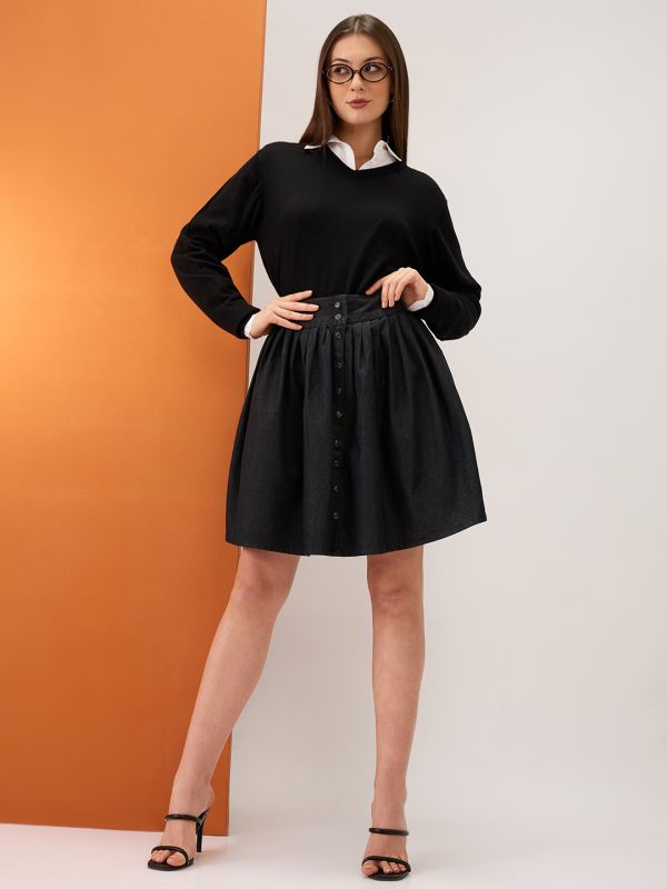 Globus Women Black High-Rise Pleated Button-Down Above Knee Flared Denim Skirt