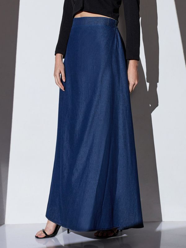 Globus Women Med Blue Mid-Rise Solid A-Line Denim Maxi Skirt