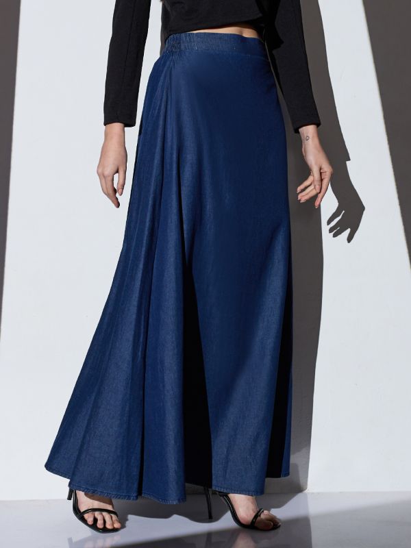 Globus Women Med Blue Mid-Rise Solid A-Line Denim Maxi Skirt