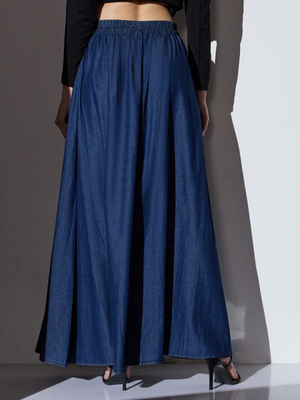 Globus Women Med Blue Mid-Rise Solid A-Line Denim Maxi Skirt