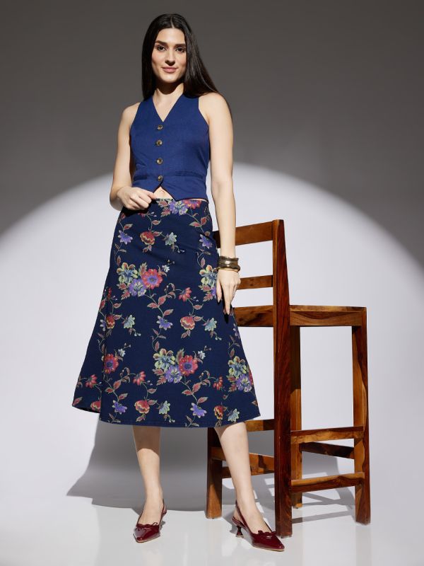 Globus Women Med Blue Floral Printed Mid Rise A-Line Midi Denim Skirt