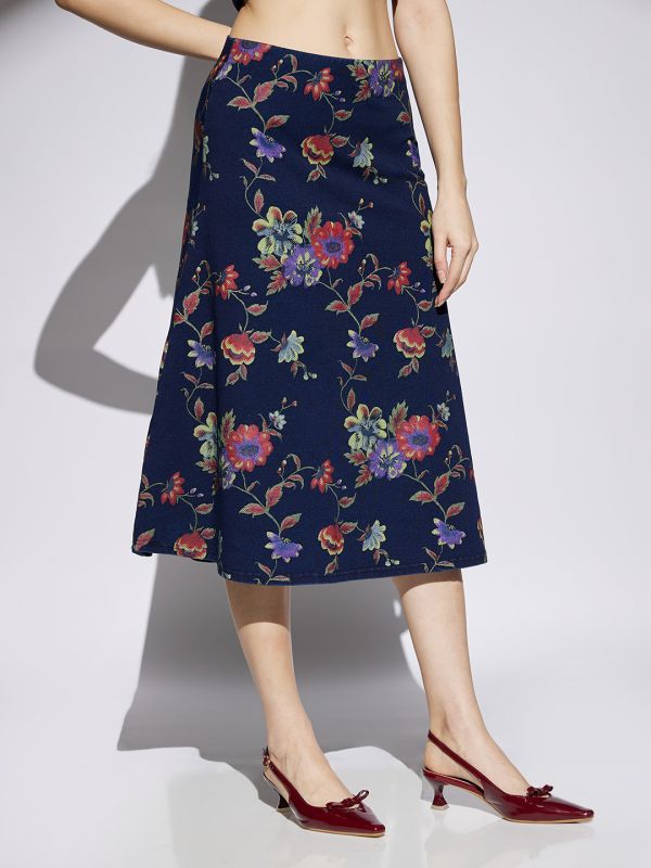 Globus Women Med Blue Floral Printed Mid Rise A-Line Midi Denim Skirt