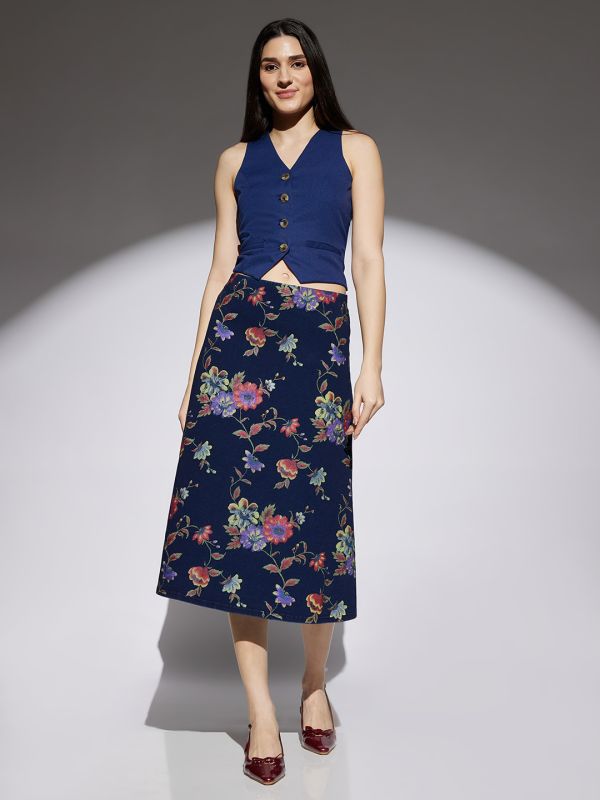 Globus Women Med Blue Floral Printed Mid Rise A-Line Midi Denim Skirt