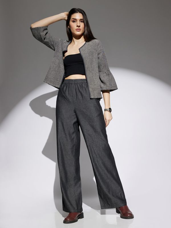 Globus Women Black Solid Denim Mid Rise Elasticated Waist Wide Leg Trousers