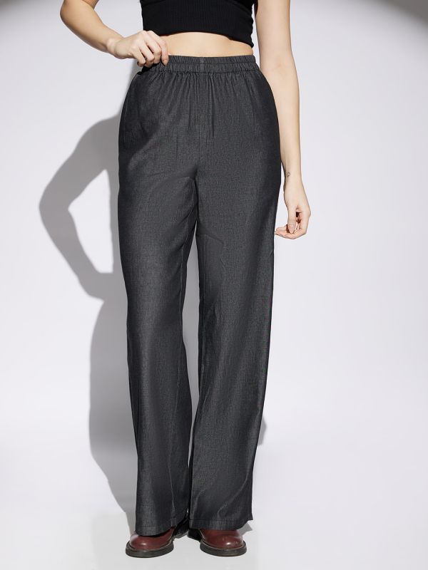 Globus Women Black Solid Denim Mid Rise Elasticated Waist Wide Leg Trousers