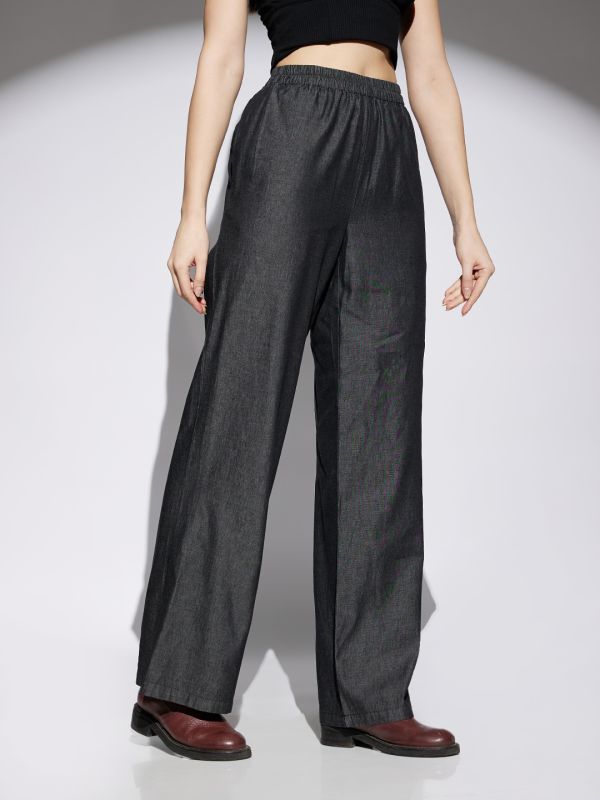 Globus Women Black Solid Denim Mid Rise Elasticated Waist Wide Leg Trousers