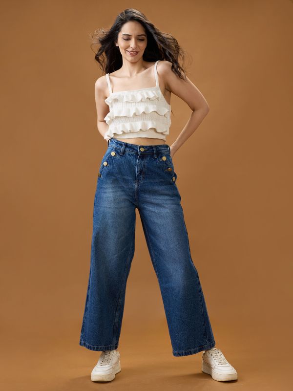 Globus Women Mid Blue Cotton Whiskers Effect Mid-Rise Wide Leg Denim Jeans