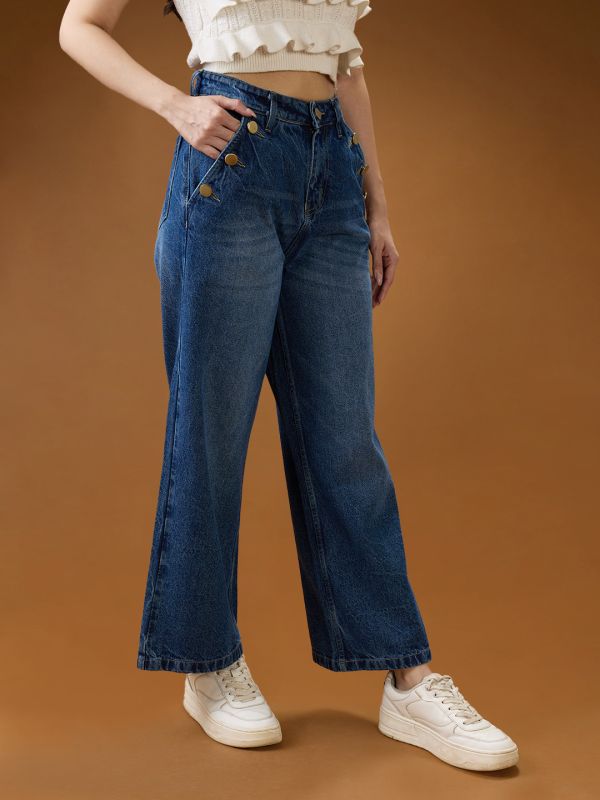 Globus Women Mid Blue Cotton Whiskers Effect Mid-Rise Wide Leg Denim Jeans