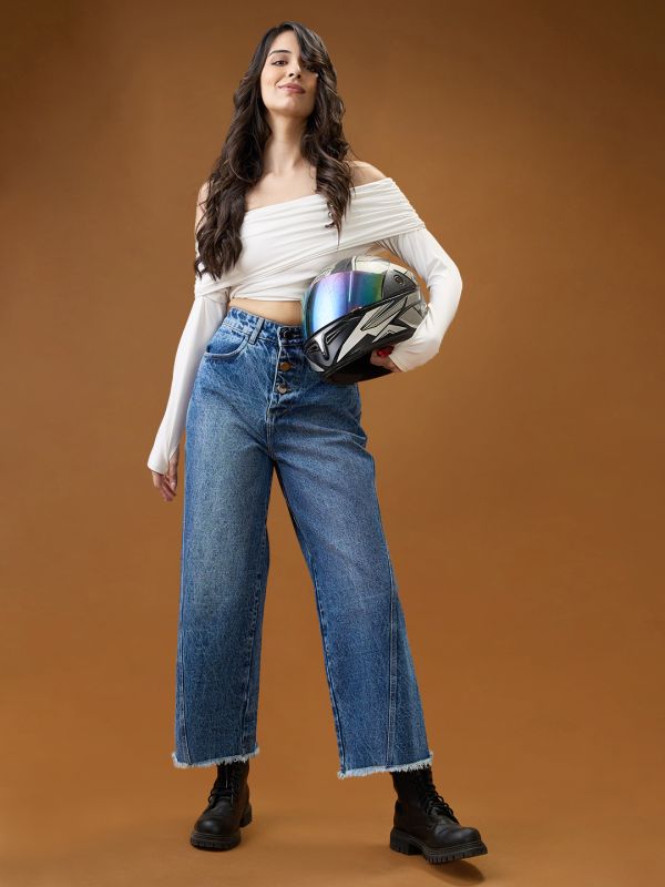 Globus Women Mid Blue Cotton High-Rise Light Fade Frayed Hem Wide Leg Denim Jeans