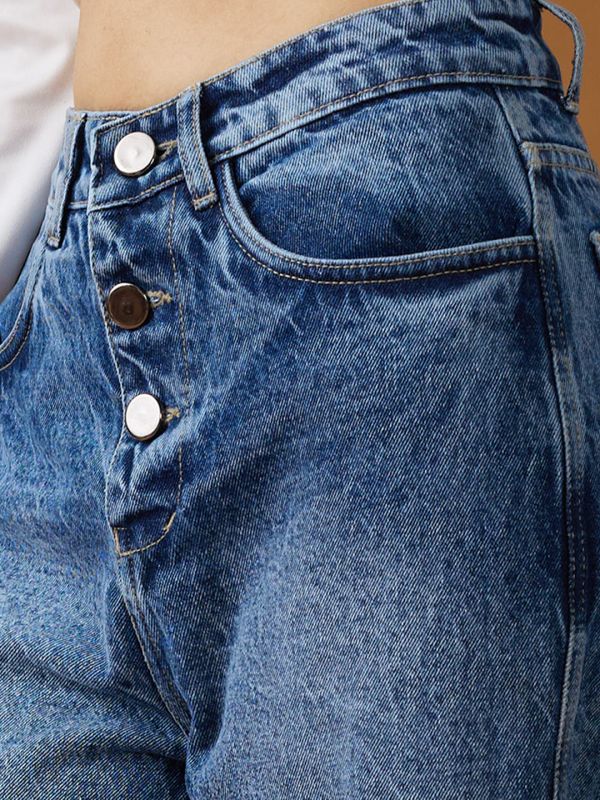 Globus Women Mid Blue Cotton High-Rise Light Fade Frayed Hem Wide Leg Denim Jeans