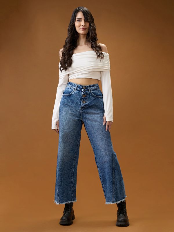Globus Women Mid Blue Cotton High-Rise Light Fade Frayed Hem Wide Leg Denim Jeans