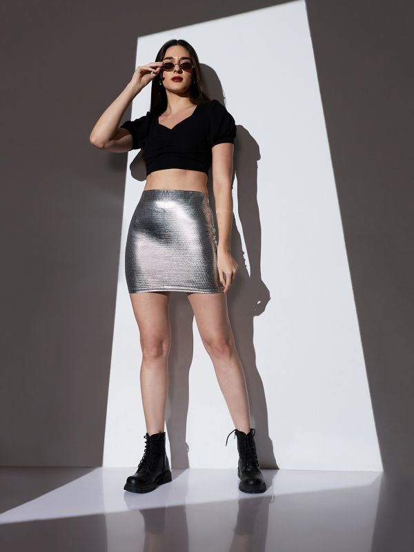 Globus Women Grey Mid-Rise Self Design Sheen Stretchable Mini Bodycon Party Skirt