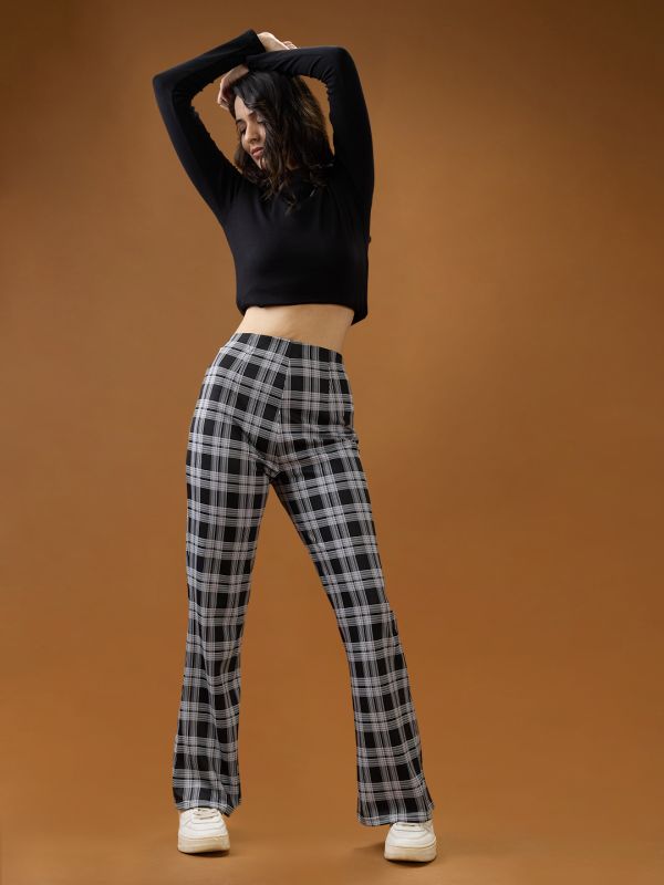 Globus Women Black Checkered Mid Rise Flared Trousers
