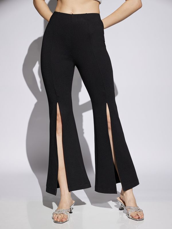 Globus Women Black Sheen Mid Rise Stretchable Front Slit Flared Fit Party Wear Trousers