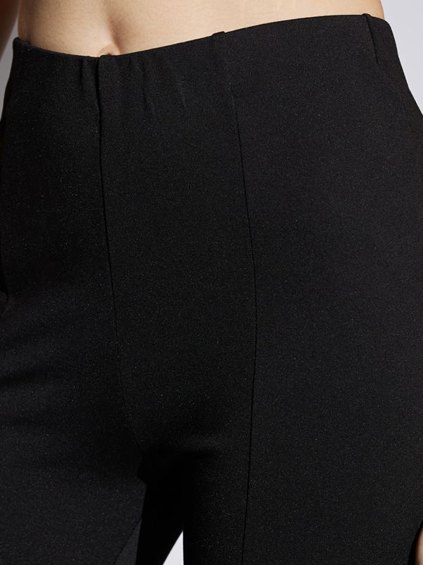 Globus Women Black Sheen Mid Rise Stretchable Front Slit Flared Fit Party Wear Trousers