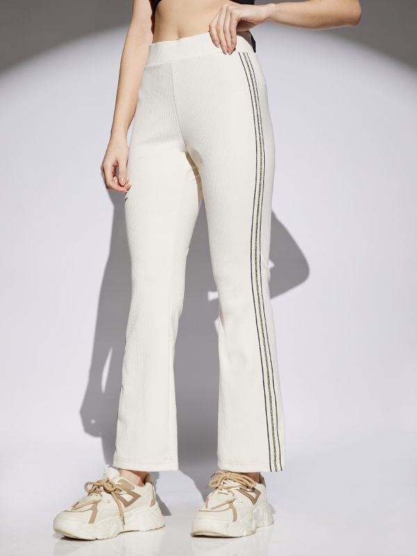 Globus Women Off White Side Striped Mid Rise Stretchable Ribbed Activewear Trousers