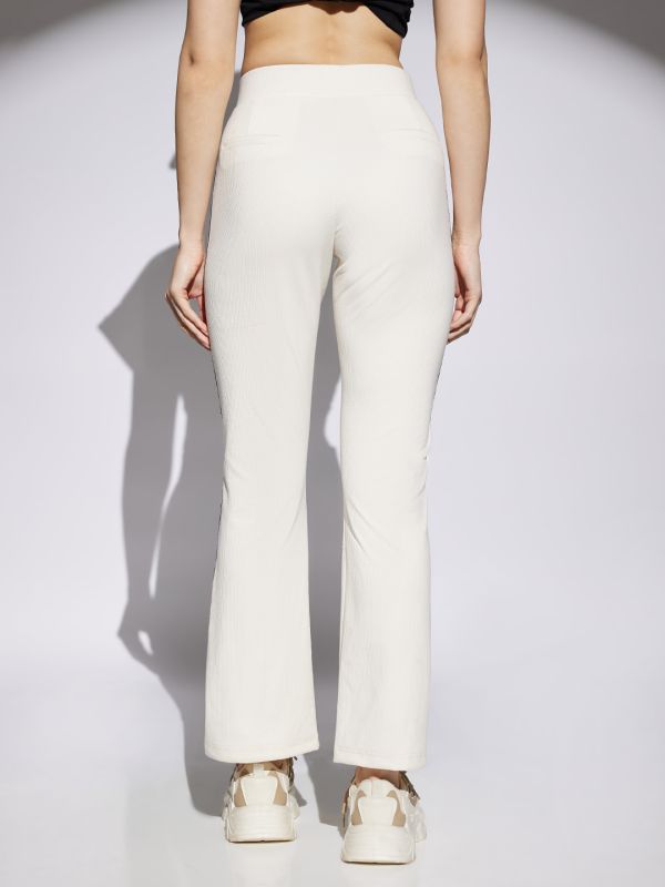 Globus Women Off White Side Striped Mid Rise Stretchable Ribbed Activewear Trousers