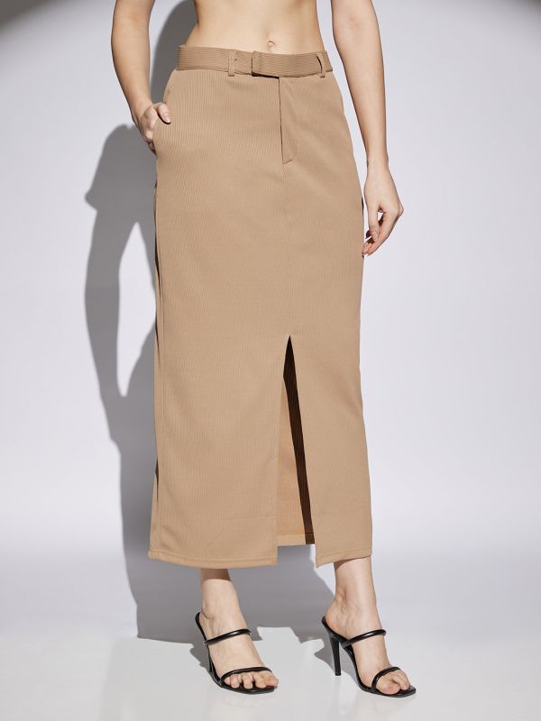 Globus Women Coffee Self Design Mid Rise Front Slit Side Pockets Belt Loops Pencil Midi Skirt