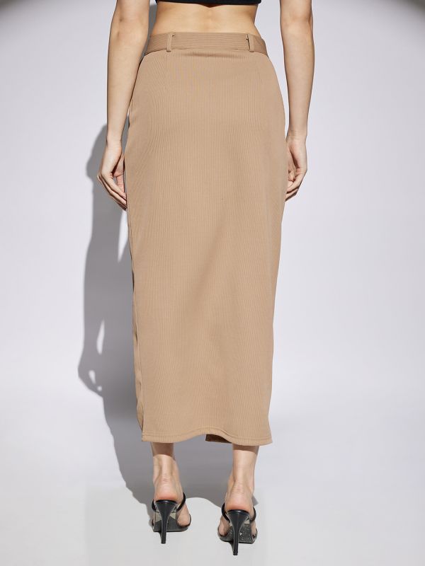 Globus Women Coffee Self Design Mid Rise Front Slit Side Pockets Belt Loops Pencil Midi Skirt